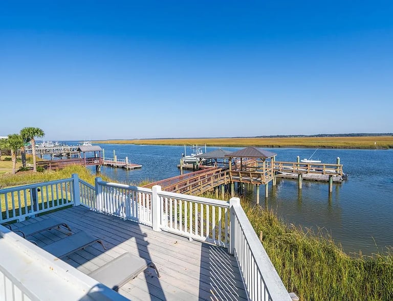 Back deck overlooking dock on Big Bay Creek on Edisto Island, SC