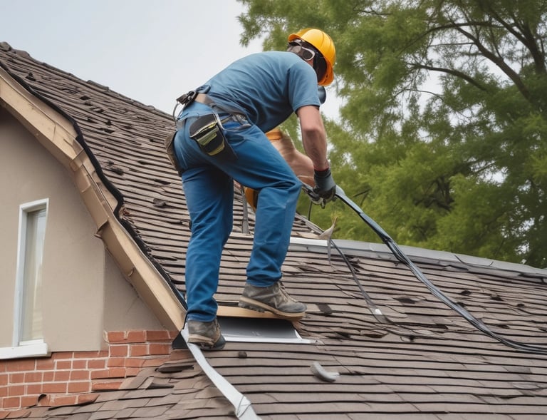 A roof renovation project showcasing before and after images.