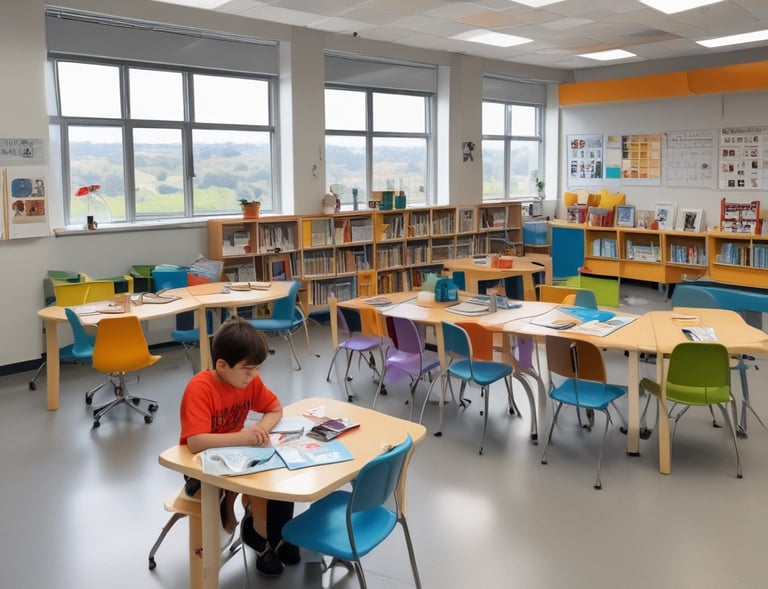 A vibrant classroom setting with students engaged in AI content creation.