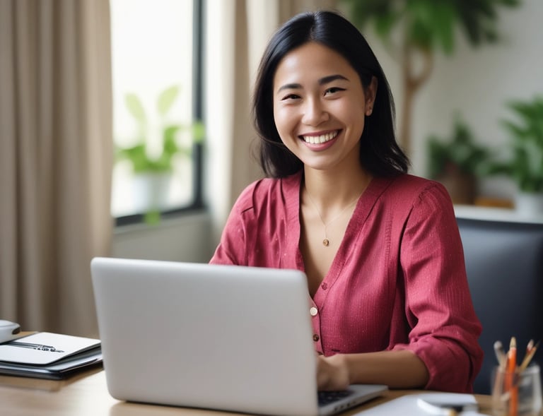 a woman sitting at a desk with a laptop computer