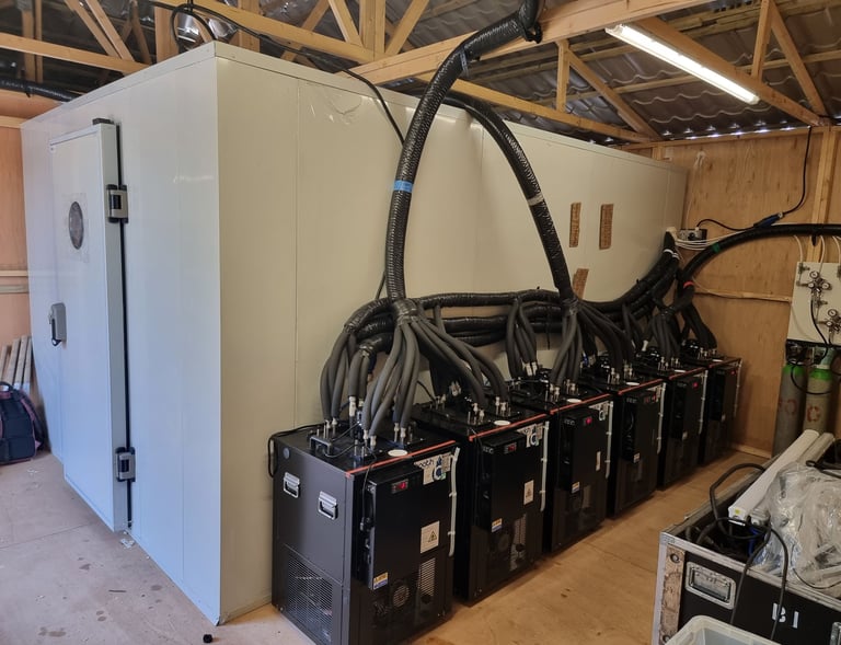 A cold room equipped with brewing equipment