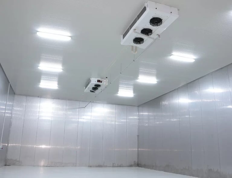 A cold room with a ceiling evaporators
