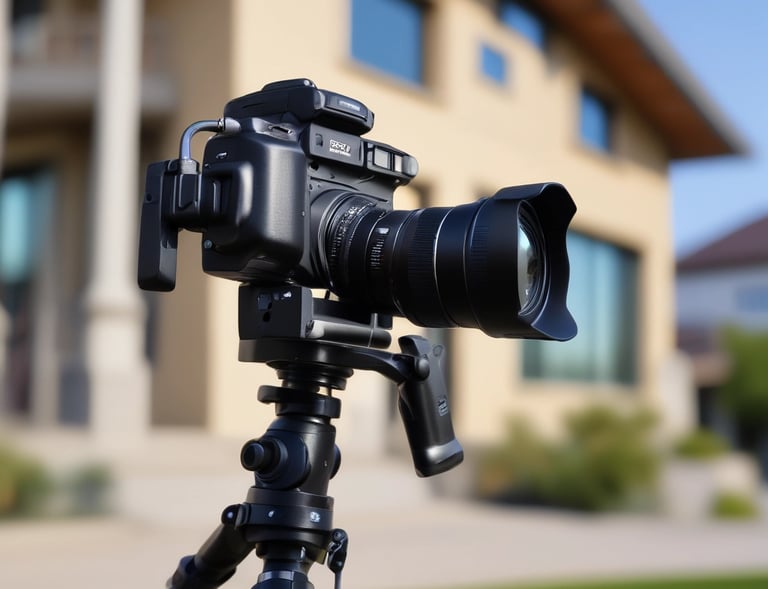 A person is outdoors holding a professional RED camera, appearing focused while adjusting the equipment. The background shows parts of a house and blurred trees, suggesting a calm and natural setting.