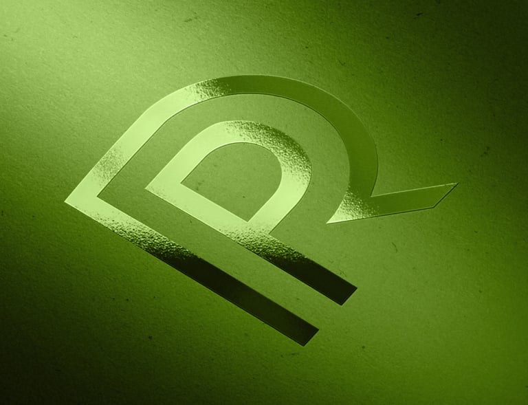 Logotipo metálico em relevo sobre fundo verde, com letras “P” e “R” entrelaçadas de forma moderna.