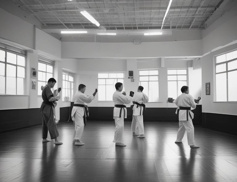 Monochrome shot of a disciplined group training session during early morning hapkido class.