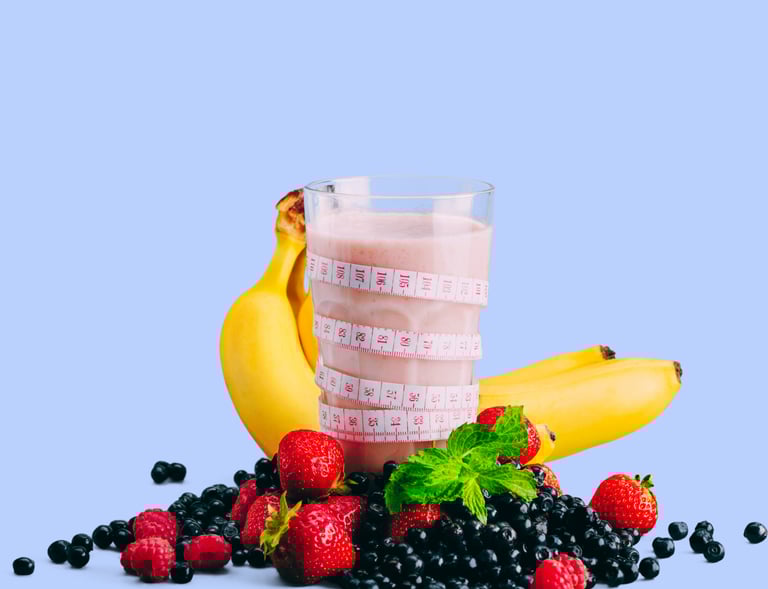 a glass of a fruit smoothie with a measuring tape. two bananas and berries