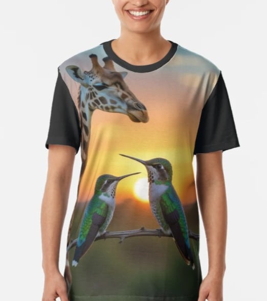 Giraffe looking at two hummingbirds at sunset