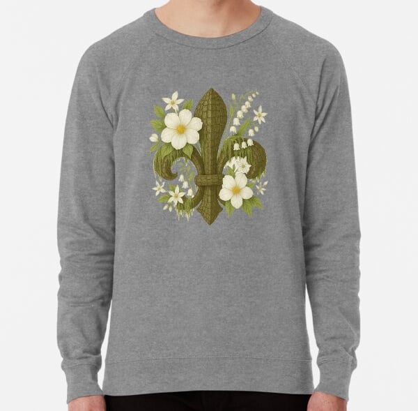 Custom graphic of a fleur de lis and flowers on a gray tshirt.