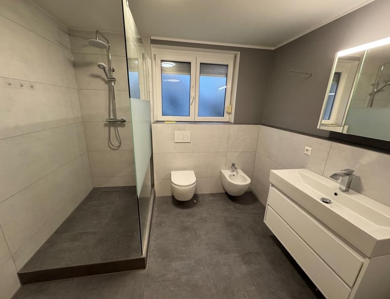 ein saniertes Bad. große dusche mit Glaswand, rechts ein WC und ein Bidet sowie ein Waschbecken