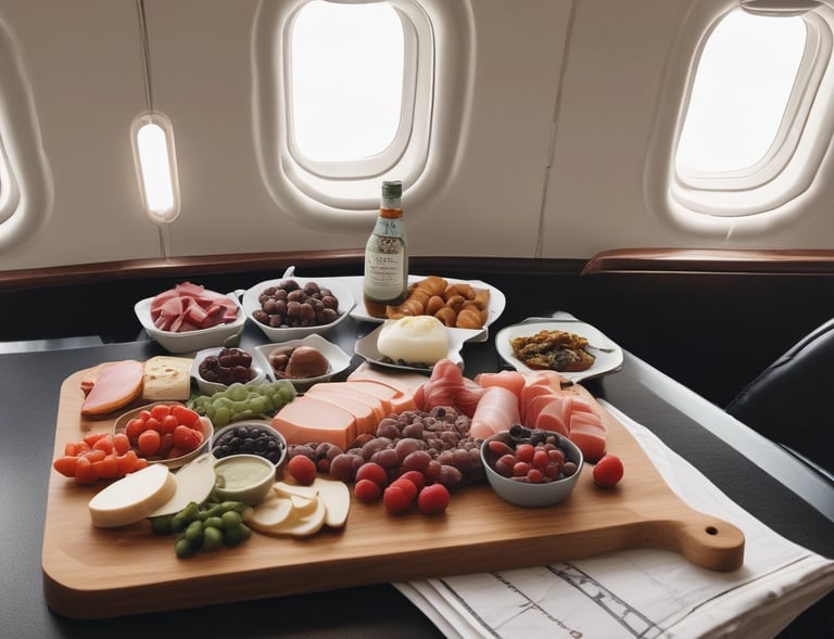 Luxurious interior of a private jet featuring two beige leather seats with a wooden table in between. The table has integrated cup holders and a small tray with reading material. A soft blue blanket is folded on one seat, and a plaid blanket is draped over the other.