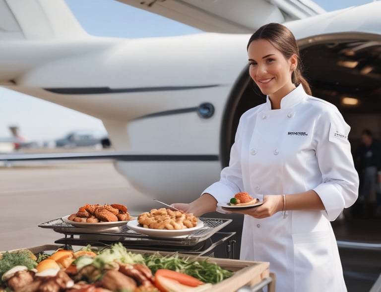 A sleek white private jet is parked on the tarmac under partly cloudy skies. The aircraft features two engines and several small windows along the fuselage. A white tent and a blue building are visible in the background, along with a flagpole.