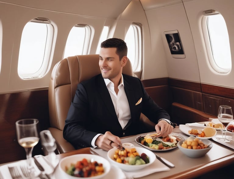 A person is seated comfortably inside a private jet, wearing a blue suit jacket and light-colored trousers. The interior features plush beige leather seats and a window through which soft light filters, creating a serene atmosphere. The cabin has elegant wood and gold-tone detailing.