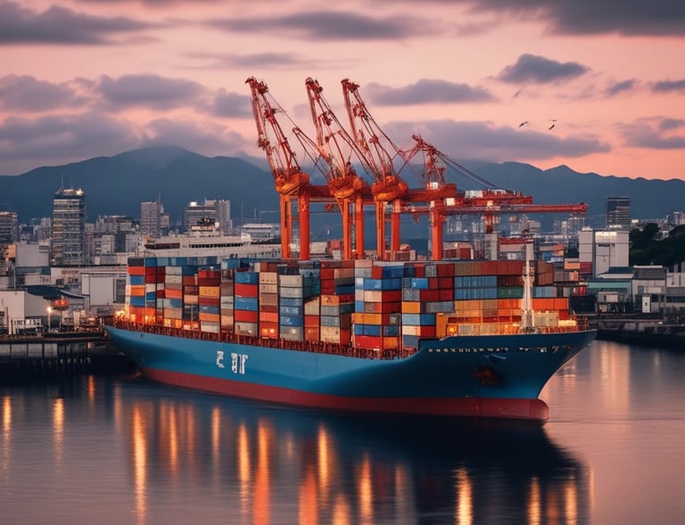 A freight train with a red locomotive is traveling on railway tracks beside large, industrial silos and structures. The sky is overcast, and the area appears to be part of an industrial zone.