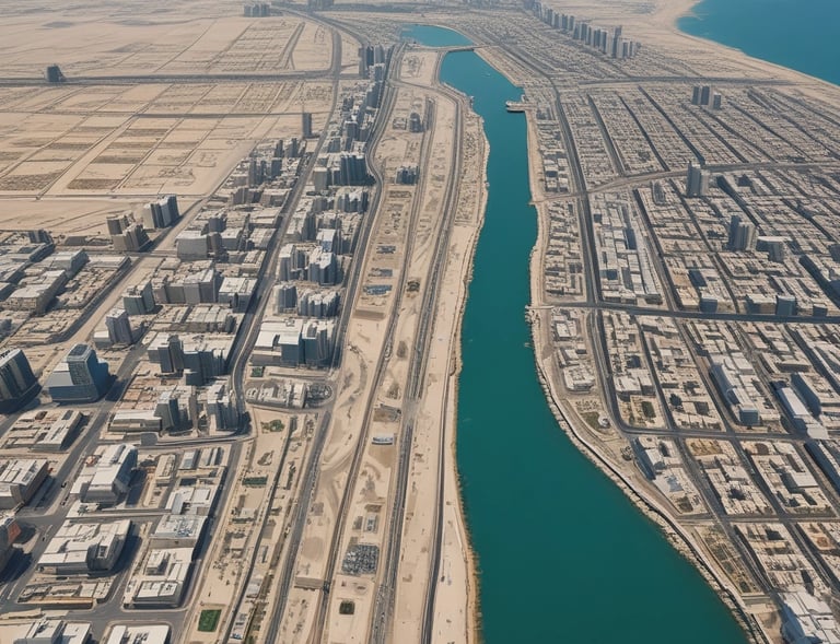 A freight train with cargo containers stretches across a railway track in an open area. In the background, a mountain range is visible under a clear blue sky with scattered clouds. The area in the foreground is a barren, gravelly terrain.