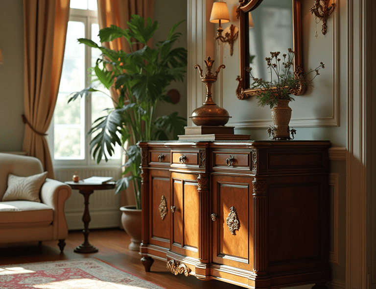 Elegant antique sideboard with ornate details in a classic living room setting, featuring warm lighting, vintage decor, and a