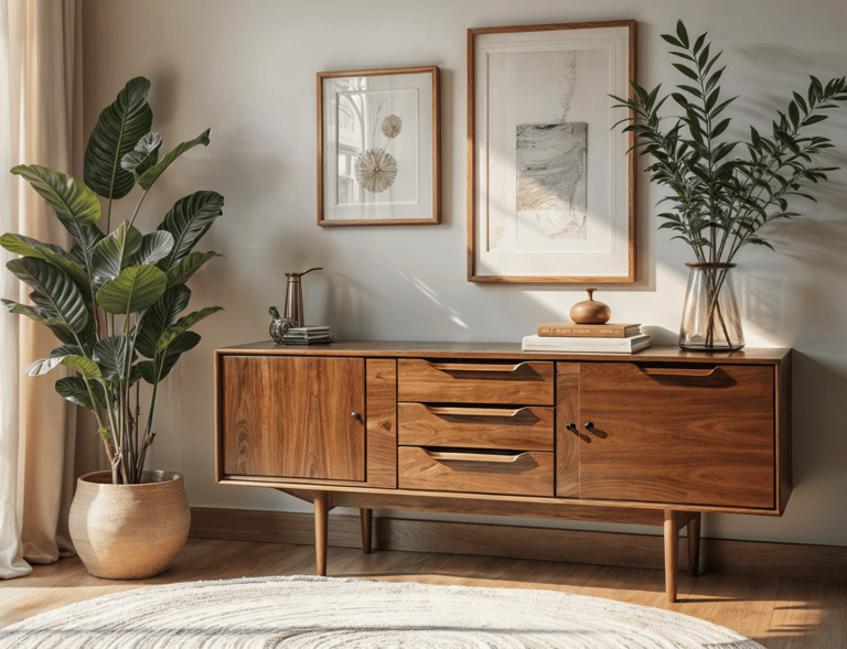 Mid-century modern wooden sideboard in a bright, minimalist living space, accented with green plants, framed artwork, and sof