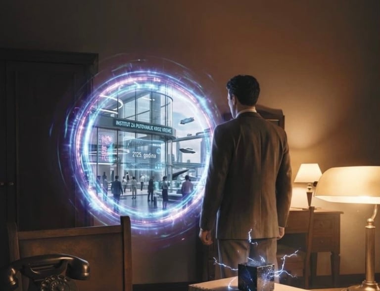 Nova escape room soba Teslin kod u Exploroom Niš – čovek ispred portala za putovanje kroz vreme i Tesline energetske kocke.