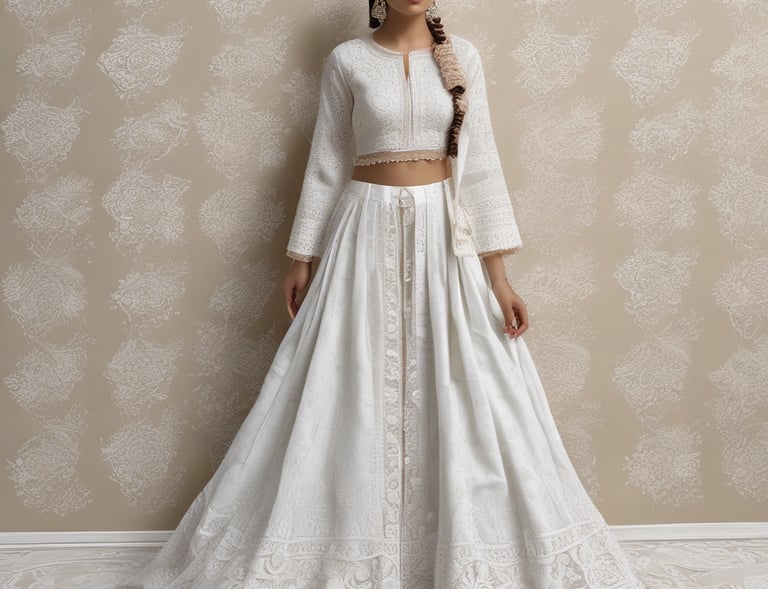 Elegant chikankari outfits arranged with cultural decor elements.