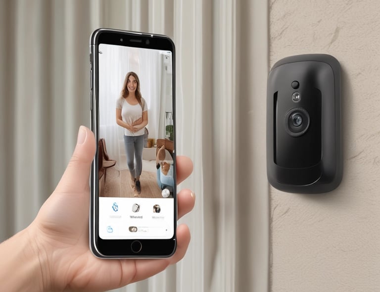 A hand holds a smartphone in a modern, well-lit room. The phone's screen displays a live camera view showing an interior hallway with a plant and bright lighting. In the background, a blurred view of a kitchen is visible with cabinets and appliances.