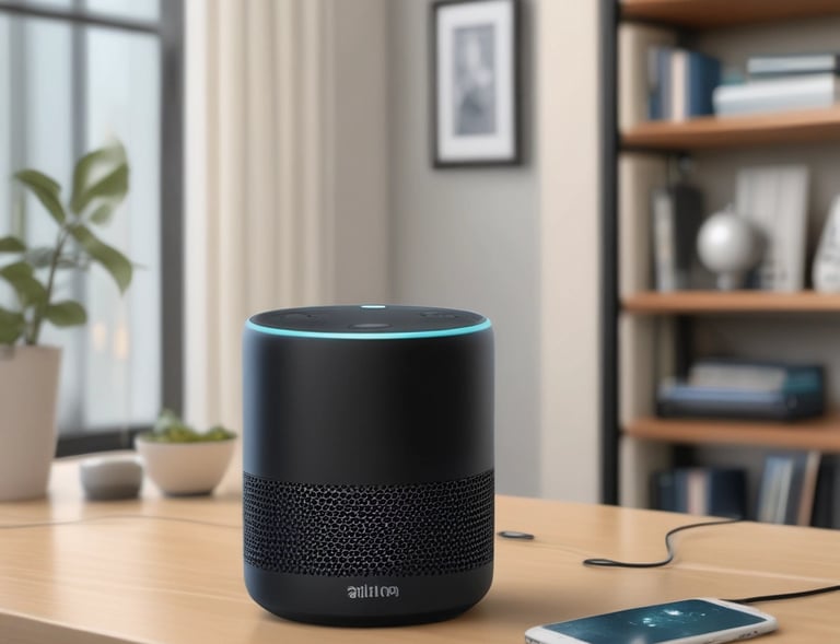a woman sitting on the floor next to a smart speaker system