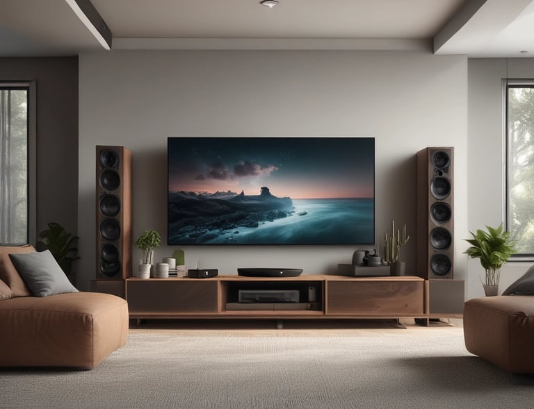 A close-up view of a smart speaker with a mute button, featuring a sleek design in white and gray. In the background, there is a blurry image of a camera and a laptop, creating a high-tech and minimalist workspace environment.