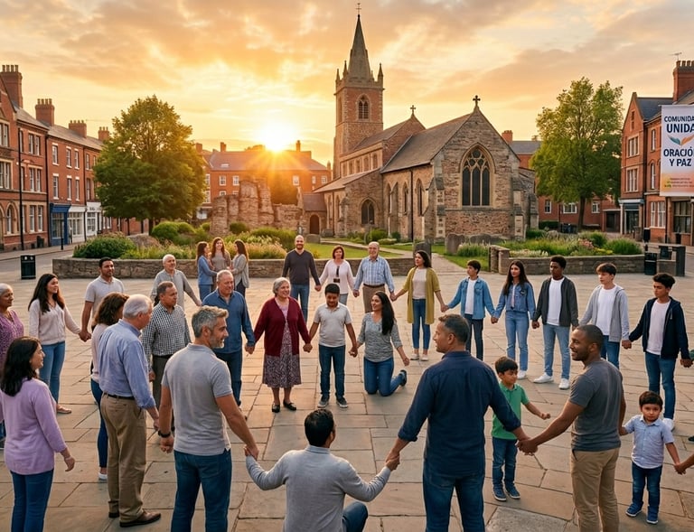 Personas de diferentes edades reunidas en oración frente a una iglesia en Leicester al atardecer”