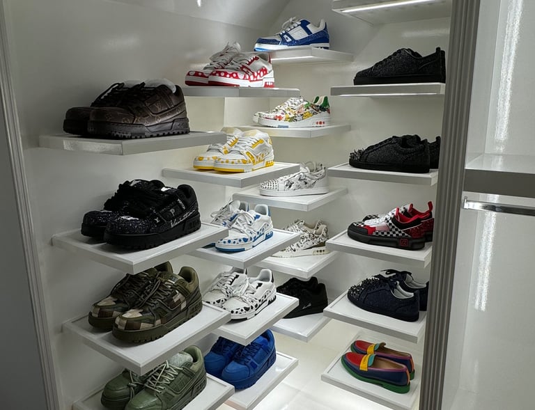 Custom made wooden shelving. Display for designer shoes- Britto's Hopme Improvement