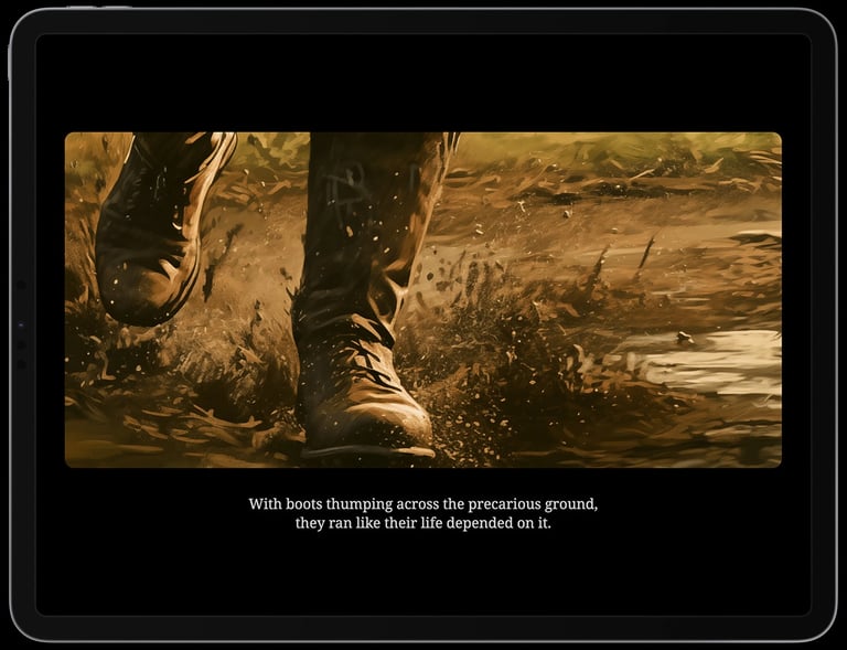 Screen shot of the app showing a cut scene illustration of brown boots running and narrative subtitles