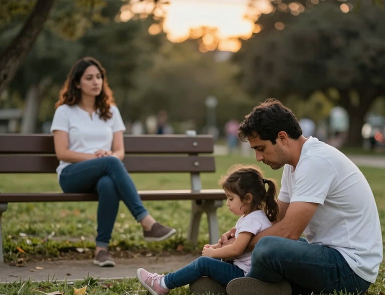 A family of three, composed of two adults and a child, sits on the grass near a small body of water, during what appears to be sunset. The sunlight creates a warm glow, with a large tree nearby casting shadows on the ground. The scene conveys a peaceful and serene atmosphere.