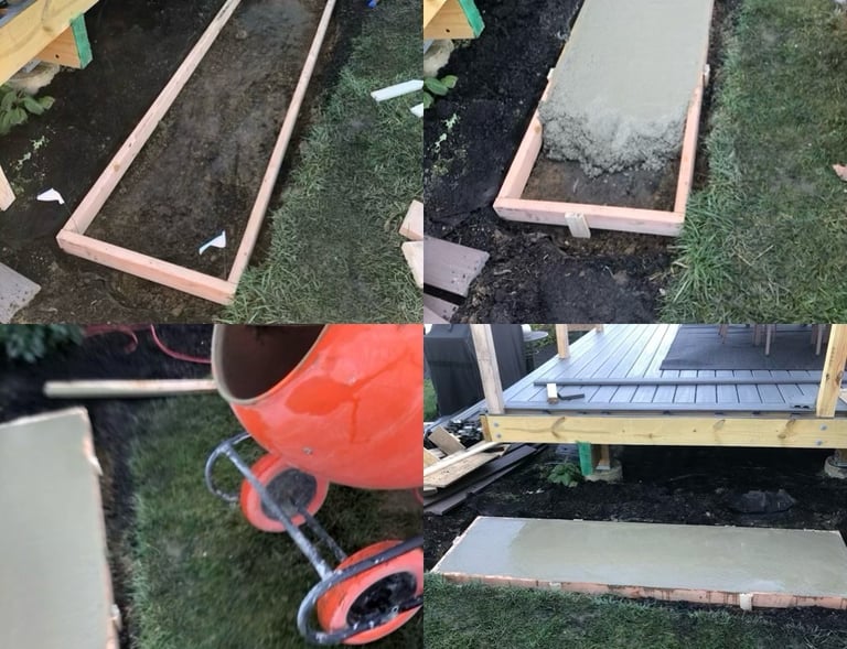 Stages of constructing a concrete pad. From grading dirt, to forming, mixing, and pouring concrete.