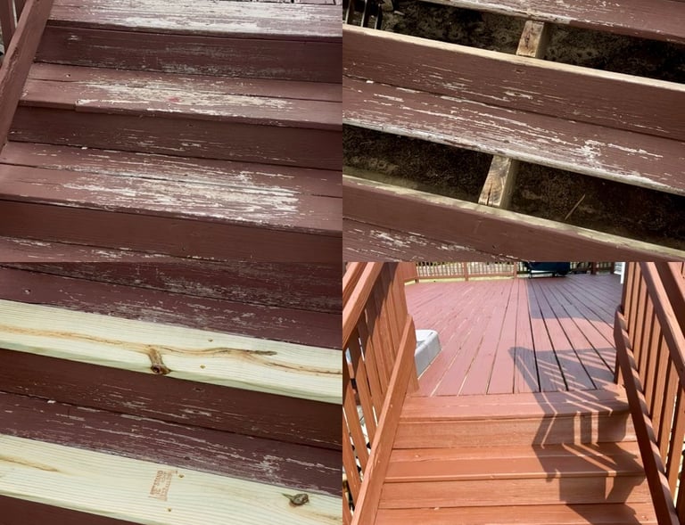 Restoration of old weathered wooden deck. Replacing lumber and staining of deck in Mullica Hill, NJ