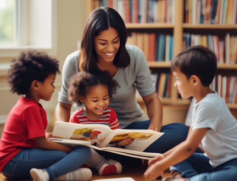 A diverse group of children sitting together, sharing books.