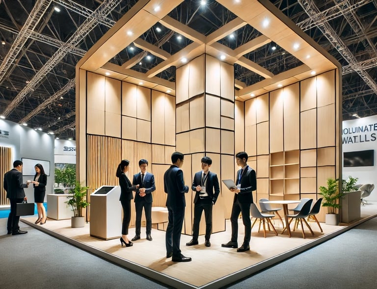 stand d'exposition bois, toit et pilier central