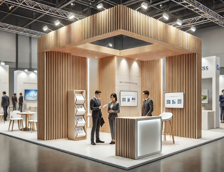 stand exposition avec parement bois et toit