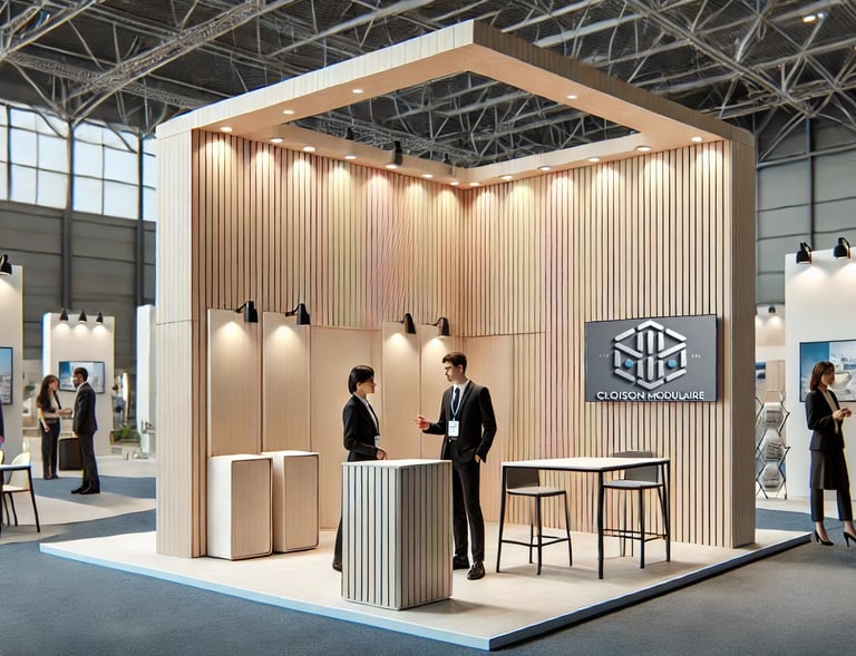 stand exposition cloison avec parement bois + placard