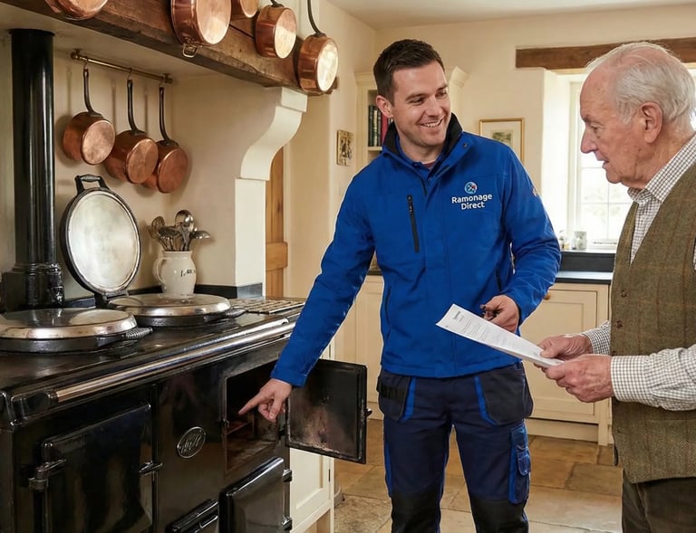 Ramoneur certifié expliquant le fonctionnement d'une cuisinière à bois et remettant le certificat