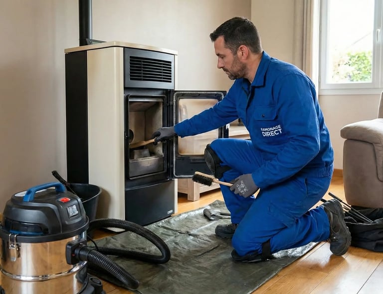 Technicien Ramonage Direct effectuant l'entretien d'un poêle à granulés à Nantes