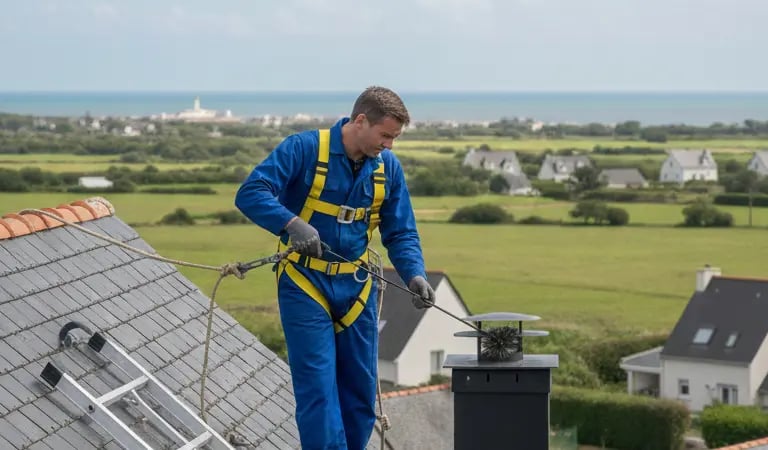 Ramoneur professionnel effectuant un ramonage de cheminée sur un toit en Loire-Atlantique (44)
