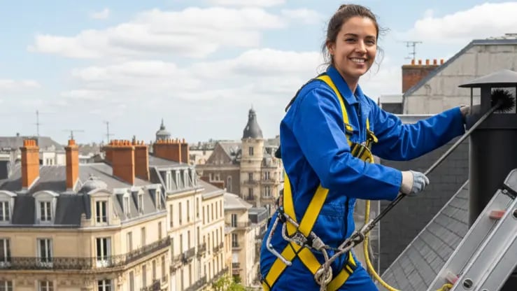 Ramoneuse certifiée réalisant un ramonage de cheminée sur un toit à Nantes