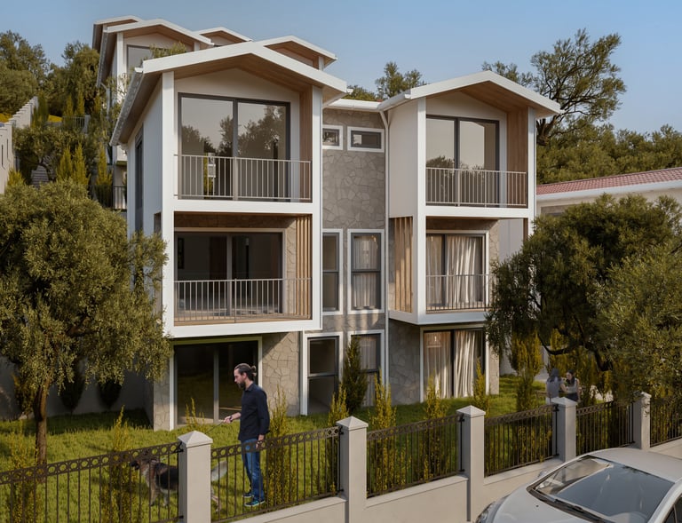 Çelik yapılı villaların dış görünümü ve özel bahçeli alanlar