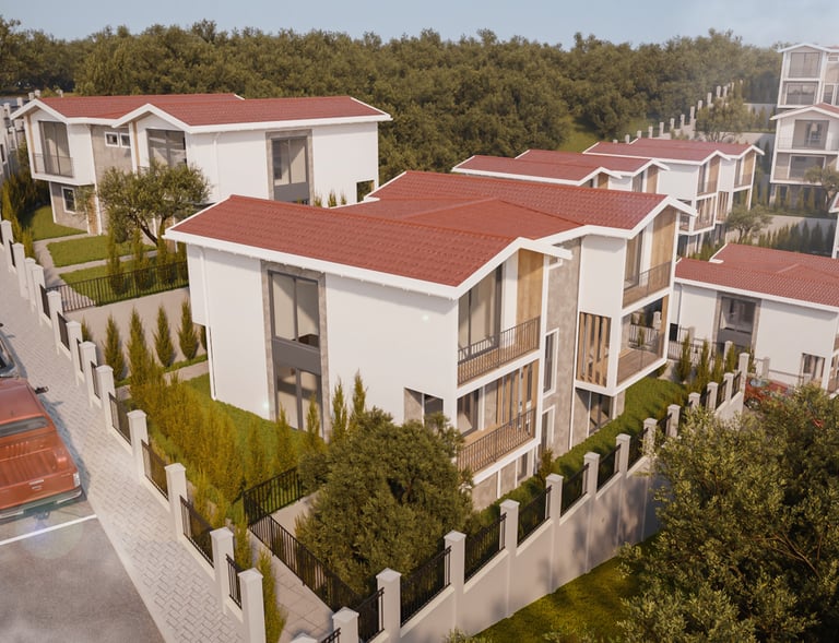 Doğa içinde konumlanmış İkonya Dolungaz villa projesinin site içi genel görünümü