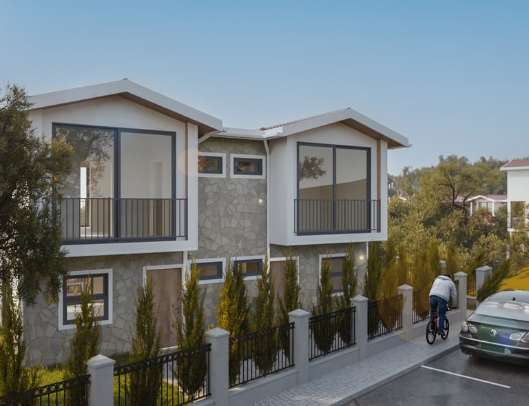 Yeşilliklerle çevrili, Karaburun’un doğasında yer alan lüks villa renderı