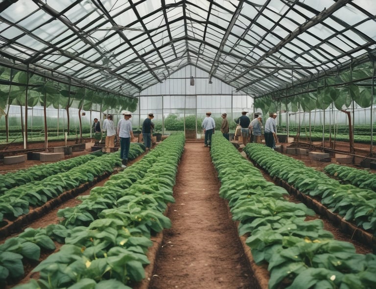 A vibrant market scene with a variety of fresh produce displayed in woven baskets. The produce includes red chili peppers, pineapples, ginger, onions, garlic, and various other fruits and vegetables. A woman is handling the peppers, while a few other people are seen in the background.