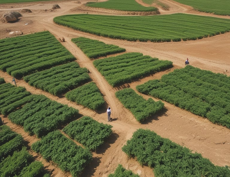 A farming landscape featuring a large plastic-covered structure with a network of metal arches, possibly greenhouses, in the background. A fenced off area includes a piled dirt embankment and a yellow storage container. A pump system is attached, with pipes extending across the scene. Sandbags and black plastic sheeting are used for reinforcement and covering.