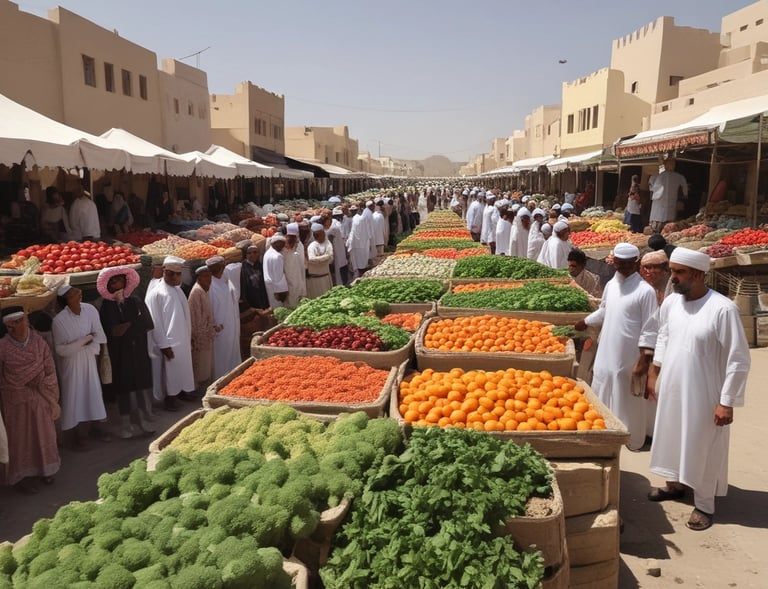 Several people are engaged in agricultural work, gathering and processing crops on a field. The setting is outdoors with grassy and hilly terrain in the background. There are bundles of harvested plants, sacks possibly filled with grains, and plastic bottles on the ground.