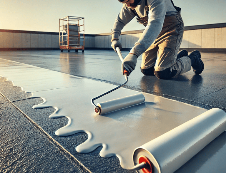 Professionnel appliquant un traitement d'étanchéité sur un toit plat avec un rouleau.