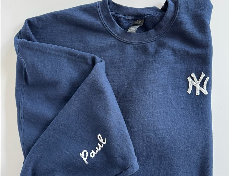 navy blue sweatshirt with the New York Yankees logo embroidered on it