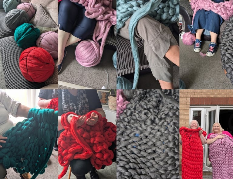 groups at previous arm knitting workshops making blankets
