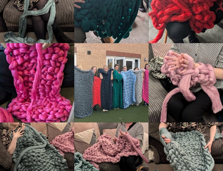 groups arm knitting blankets during previous workshops