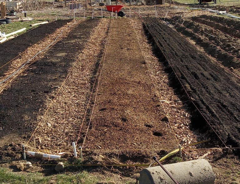 36" by 50' beds, amended w/ chemical-free compost, with 18" woodchip paths built for Crystal Gardens